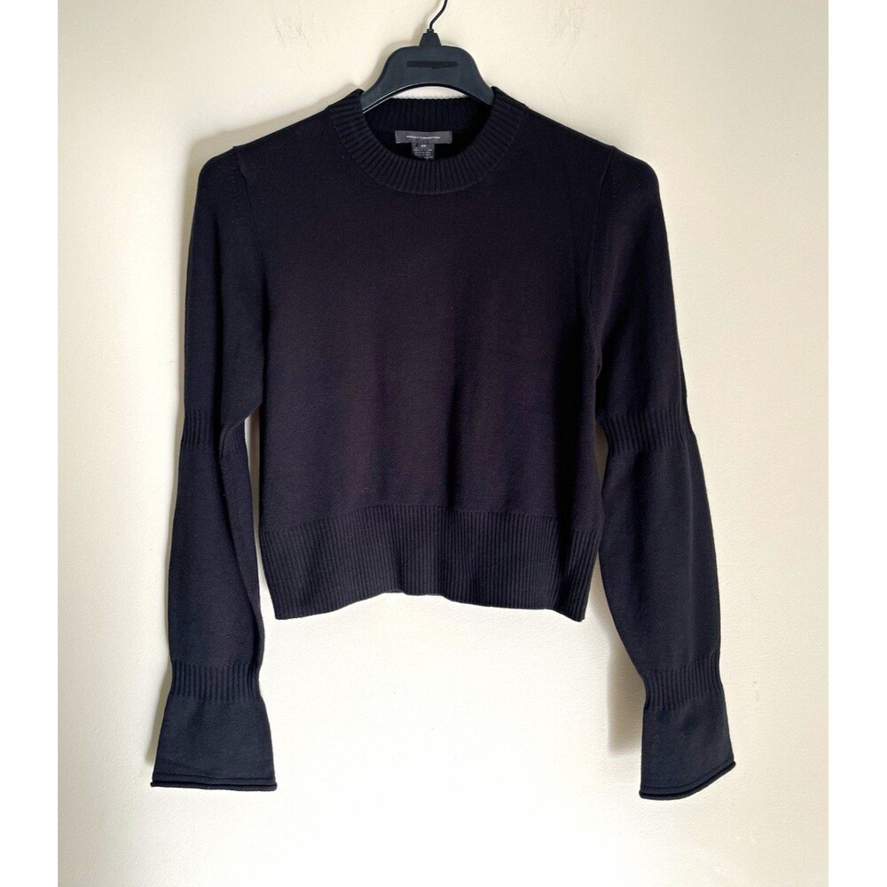 French Connection Ribbed Knit Crewneck Bell Sleeve Cropped Sweater Black XS